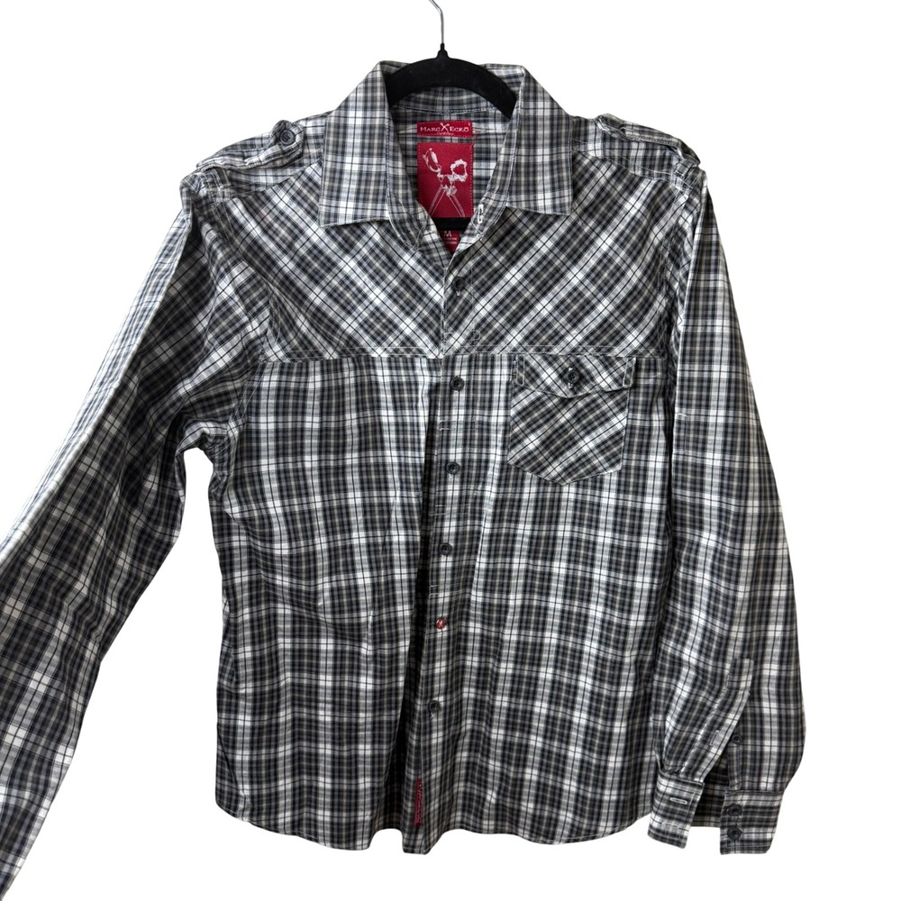 Marc Ecko Cut‎ & Sew Mens Plaid Button Down Shirt Black White Epaulettes Medium